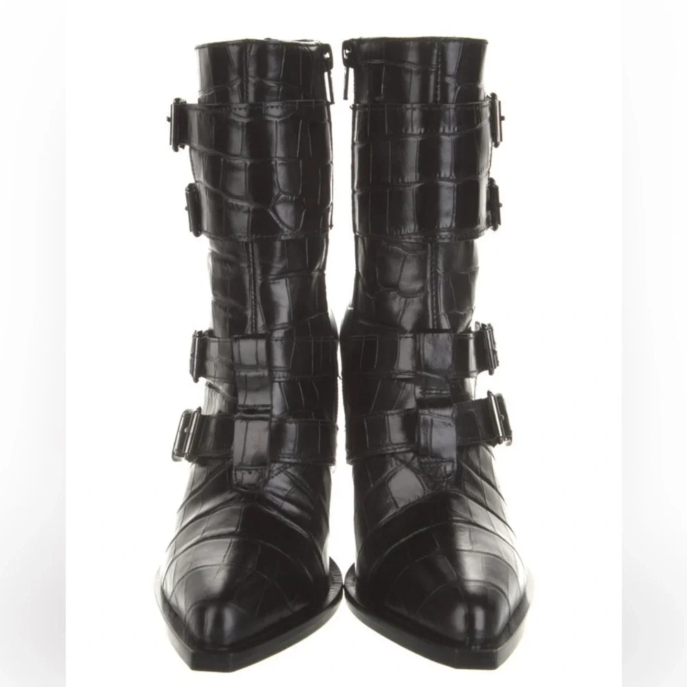 Pinko Lucciola Black Leather Croc Print Moto Boots - Picture 4 of 11